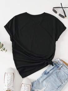SHEIN EZwear Băng âm thanh Và Đồ họa Chữ cái Áo thun - màu đen - Xem 2