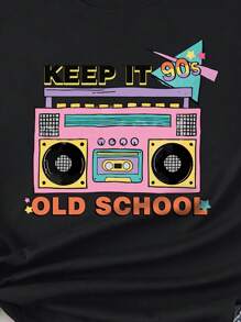 SHEIN EZwear Băng âm thanh Và Đồ họa Chữ cái Áo thun - màu đen - Xem 5