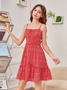 SHEIN Teen Girl Ditsy Floral Print Ruffle Hem Cami Dress - Red and White - View 4