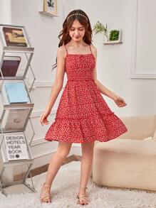 SHEIN Teen Girl Ditsy Floral Print Ruffle Hem Cami Dress - Red and White - View 5