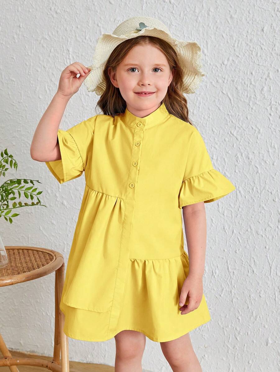 SHEIN 女小童荷葉袖荷葉邊娃娃裙 - 黃色 - 查看 1