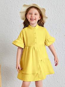 SHEIN 女小童荷葉袖荷葉邊娃娃裙 - 黃色 - 查看 3