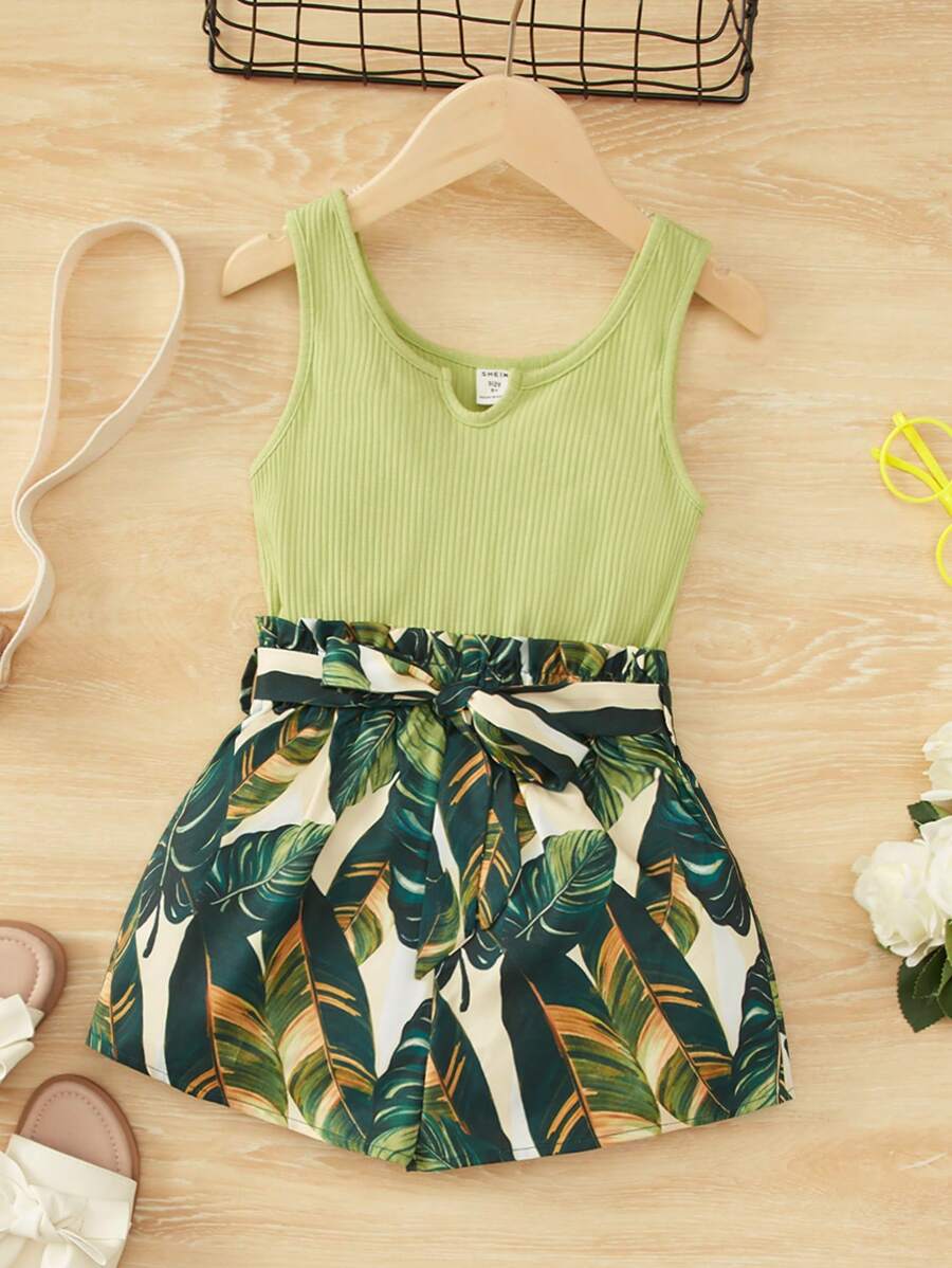 SHEIN Tween Girl Tropical Print Notched Neck Belted Tank Romper - Lime Green - View 1