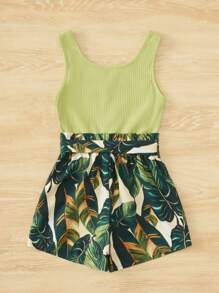 SHEIN Tween Girl Tropical Print Notched Neck Belted Tank Romper - Lime Green - View 2