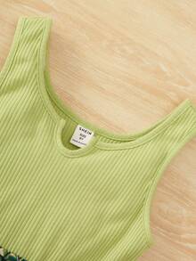 SHEIN Tween Girl Tropical Print Notched Neck Belted Tank Romper - Lime Green - View 3