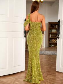 LOVE&LEMONADE Một bờ vai Tách đùi Kim sa Ăn mặc trang trọng - màu xanh lá - Xem 2