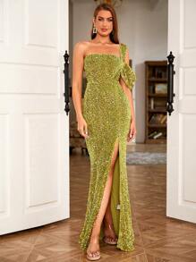 LOVE&LEMONADE Một bờ vai Tách đùi Kim sa Ăn mặc trang trọng - màu xanh lá - Xem 3