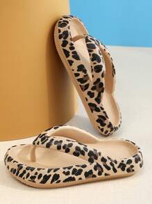 夏季沙灘拖鞋女式厚底防滑塑料涼鞋豹紋休閒雲朵拖鞋，時尚豹紋卡其色人字拖 - 卡其色 - 查看 2