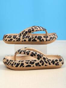 夏季沙灘拖鞋女式厚底防滑塑料涼鞋豹紋休閒雲朵拖鞋，時尚豹紋卡其色人字拖 - 卡其色 - 查看 3
