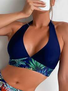Tropical Print Halter Bikini Top - Navy Blue - View 1