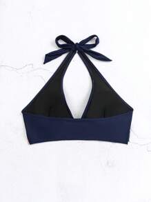 Tropical Print Halter Bikini Top - Navy Blue - View 2