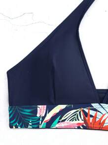 Tropical Print Halter Bikini Top - Navy Blue - View 3