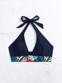 Tropical Print Halter Bikini Top - Navy Blue - View 4