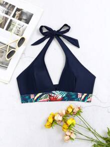 Tropical Print Halter Bikini Top - Navy Blue - View 6