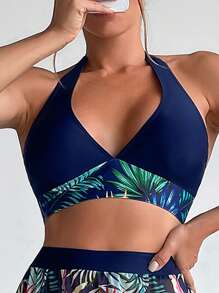 Tropical Print Halter Bikini Top - Navy Blue - View 8