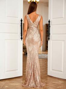 LOVE&LEMONADE Mesh Insert Sequin Mermaid Hem Formal Dress Elegant Prom Evening Wedding Guest Gown, For Graduation, Dinner Party Dress Spring - Champagne - View 3