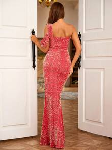 LOVE&LEMONADE 單肩高衩亮片正式連衣裙 - 玫紅色 - 查看 2