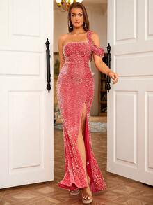 LOVE&LEMONADE 單肩高衩亮片正式連衣裙 - 玫紅色 - 查看 6