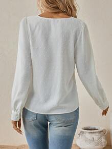 SHEIN LUNE 圓點鏤空蕾絲花邊燈籠袖襯衫 - 白色 - 查看 2