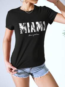 SHEIN LUNE Tropical And Slogan Graphic Tee - Black - View 3