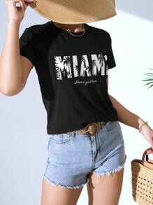 SHEIN LUNE Tropical And Slogan Graphic Tee - Black - View 4