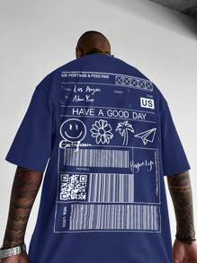 Manfinity Roughcore Hombres Camiseta de hombros caídos con estampado de letra - Azul Marino - Ver 1