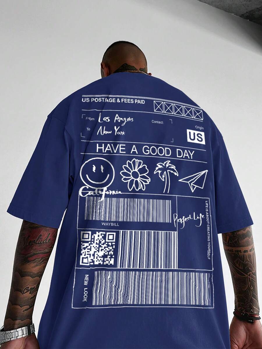Manfinity Roughcore Hombres Camiseta de hombros caídos con estampado de letra - Azul Marino - Ver 1
