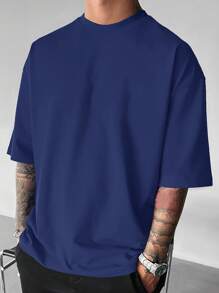 Manfinity Roughcore Hombres Camiseta de hombros caídos con estampado de letra - Azul Marino - Ver 2