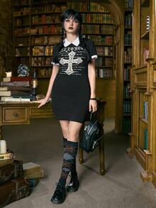 ROMWE Academia 字母圖案拼接領緊身洋裝 - 黑色 - 查看 5