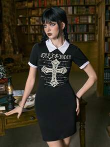 ROMWE Academia 字母圖案拼接領緊身洋裝 - 黑色 - 查看 6