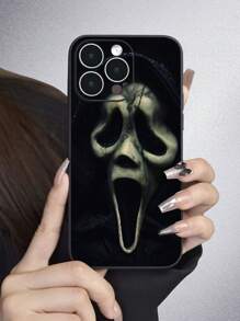鬼脸万圣节趣味 1 件黑色惊悚脸部图案全覆盖保护性 Tpu 外壳，采用哑光纹理和直边设计，适用于 iPhone 7/8/11/12/13/14/15/X/Xr/Xs/Plus/Pro/Pro Max/Se2/Mini 系列，防尘防水 - 彩色 - 查看 1