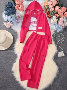 SHEIN Cô gái Tween Đồ họa Chữ cái Cami ngọn & Áo Zip Up Hoodie & Quần - Màu Hồng Tươi - Xem 1