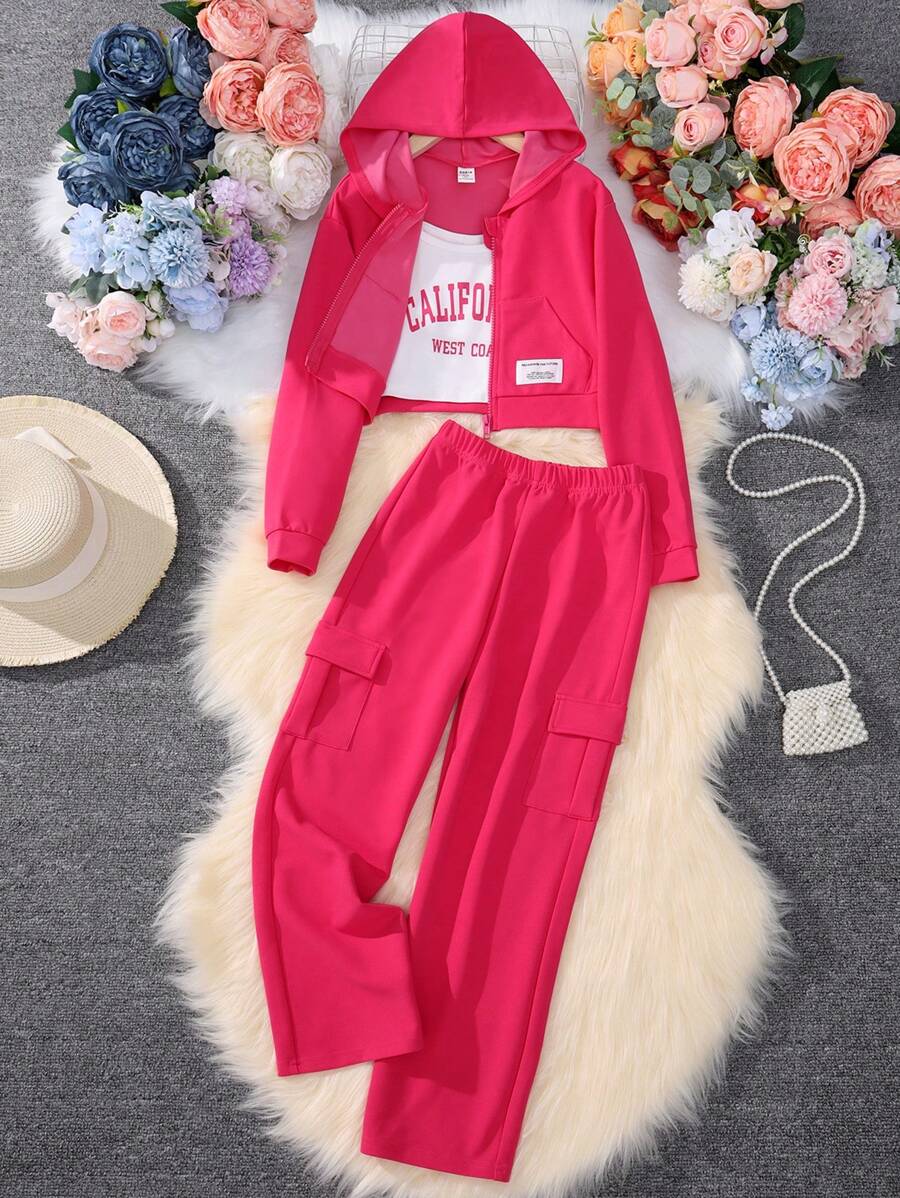 SHEIN Cô gái Tween Đồ họa Chữ cái Cami ngọn & Áo Zip Up Hoodie & Quần - Màu Hồng Tươi - Xem 1