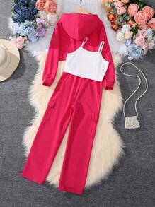 SHEIN Cô gái Tween Đồ họa Chữ cái Cami ngọn & Áo Zip Up Hoodie & Quần - Màu Hồng Tươi - Xem 2