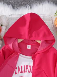 SHEIN Cô gái Tween Đồ họa Chữ cái Cami ngọn & Áo Zip Up Hoodie & Quần - Màu Hồng Tươi - Xem 4