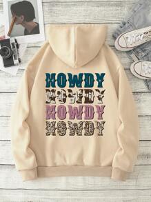 SHEIN LUNE Letter Graphic Kangaroo Pocket Drawstring Thermal Hoodie - Apricot - View 1