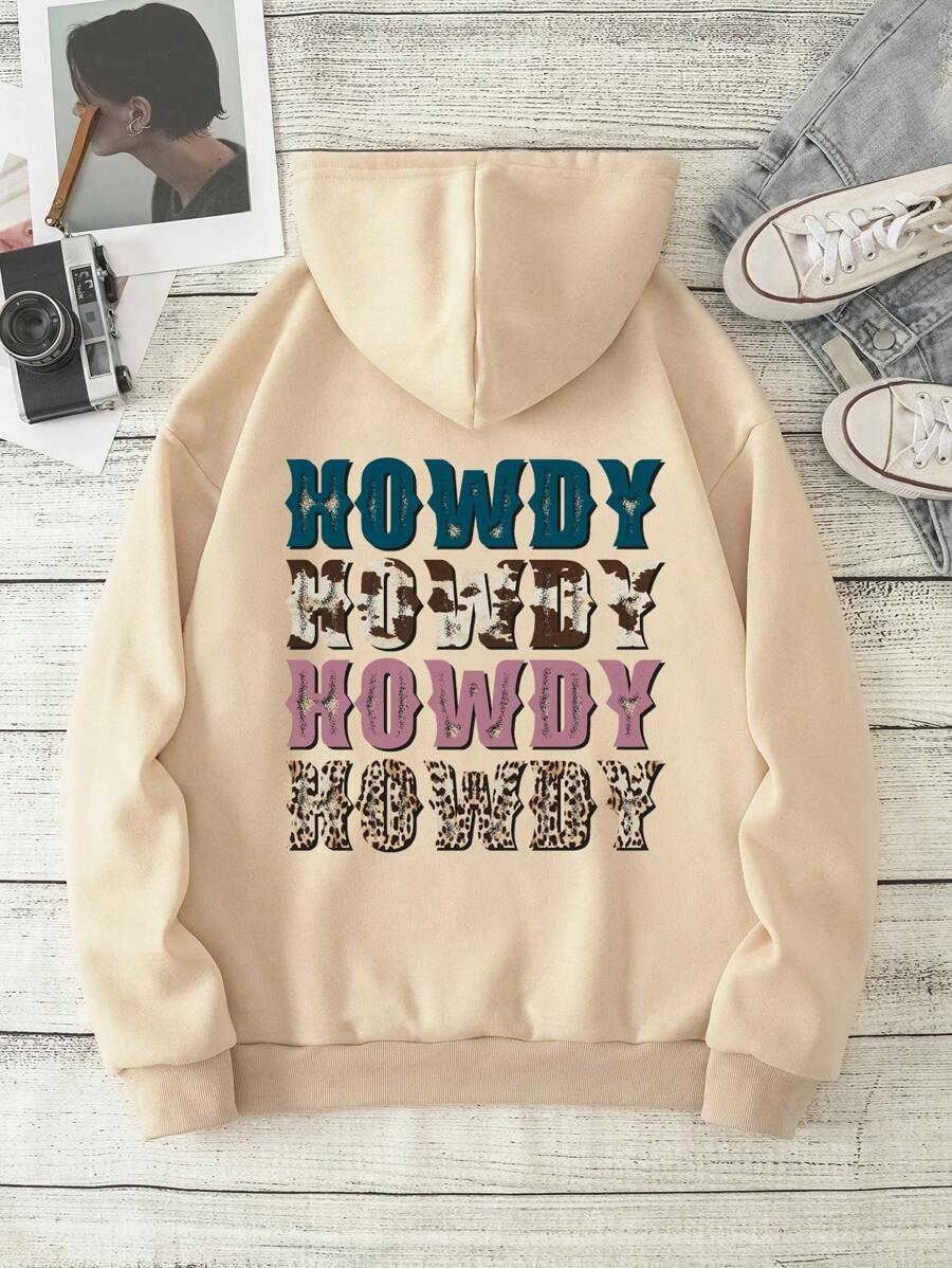 SHEIN LUNE Letter Graphic Kangaroo Pocket Drawstring Thermal Hoodie - Apricot - View 1