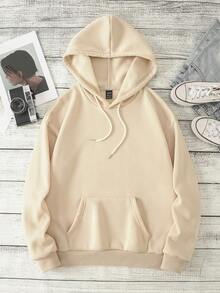 SHEIN LUNE Letter Graphic Kangaroo Pocket Drawstring Thermal Hoodie - Apricot - View 2