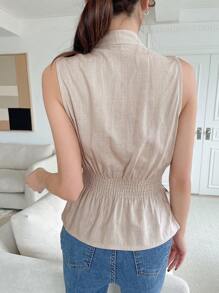 DAZY 纯色束带裹身无袖亚麻衬衫外出上衣 - 杏色 - 查看 2