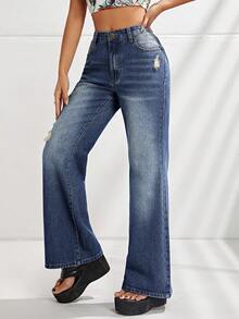 SHEIN ICON Rách Quần ống loe - Rửa tối - Xem 3