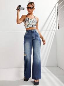 SHEIN ICON Rách Quần ống loe - Rửa tối - Xem 5