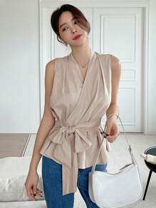 DAZY 纯色束带裹身无袖亚麻衬衫外出上衣 - 杏色 - 查看 8