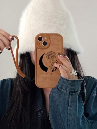 Tryckt PU-läderfodral, telefonfodral med månteckning, brunt telefonfodral, levereras med 1 telefonrem, kompatibel med iPhone 16/16 Pro Max, telefonfodral för 17 Pro Max, sött telefonfodral