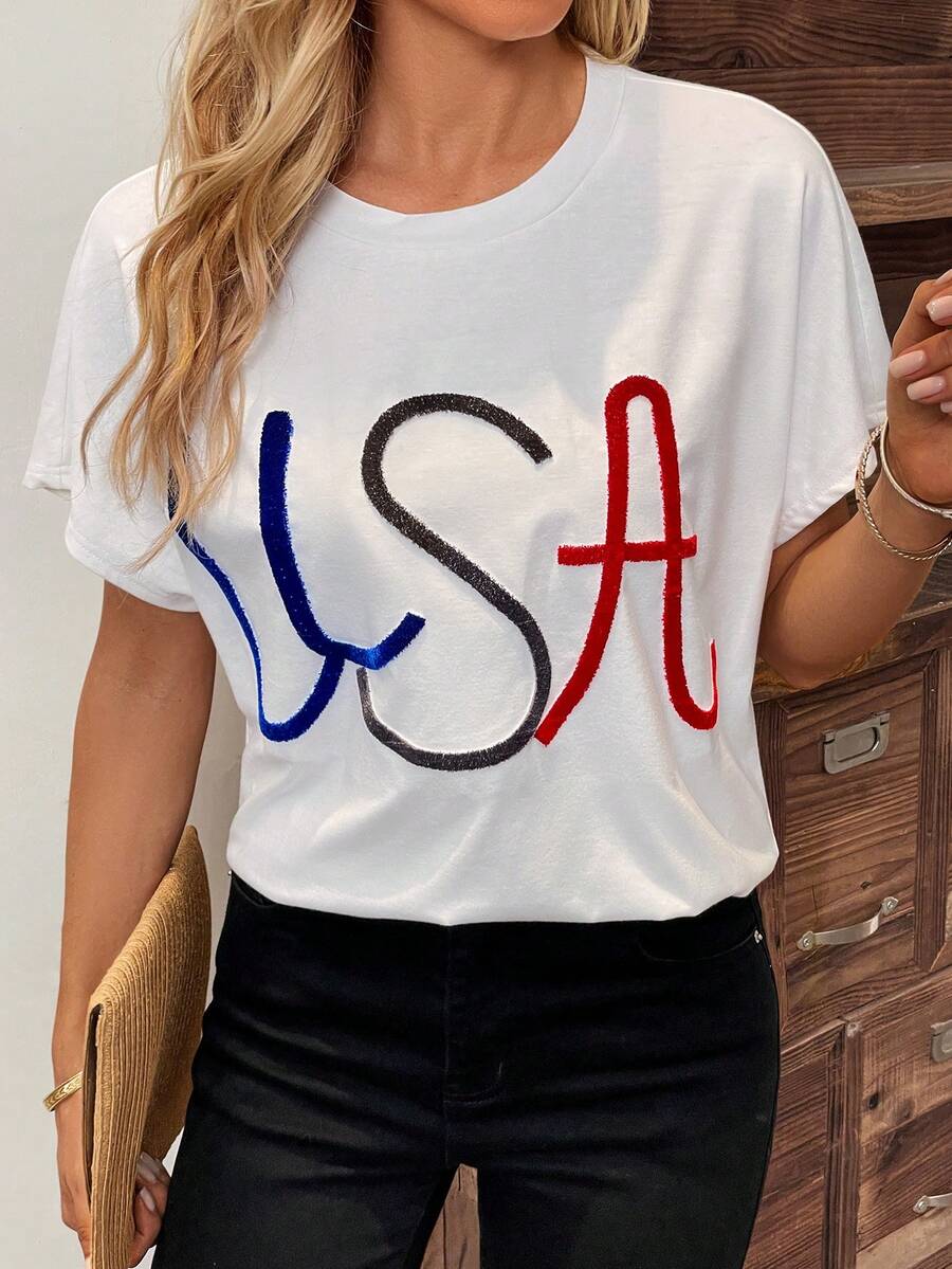 SHEIN LUNE Letter Graphic Batwing Sleeve Tee - White - View 1