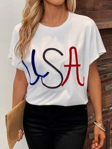 SHEIN LUNE Letter Graphic Batwing Sleeve Tee - White - View 4