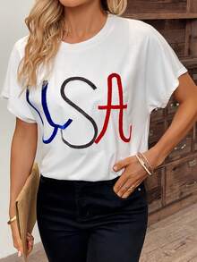 SHEIN LUNE Letter Graphic Batwing Sleeve Tee - White - View 5