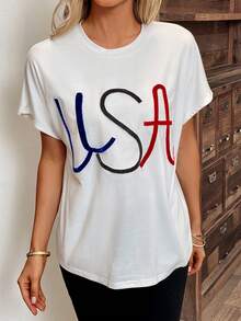 SHEIN LUNE Letter Graphic Batwing Sleeve Tee - White - View 6