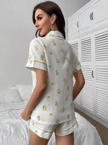 印花拼接滾邊睡衣套裝