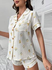 印花拼接滾邊睡衣套裝