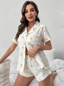 印花拼接滾邊睡衣套裝